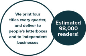 We print 4 titles and deliver them by hand to people’s letterboxes and to independent businesses, reaching an estimated 98,000 readers.